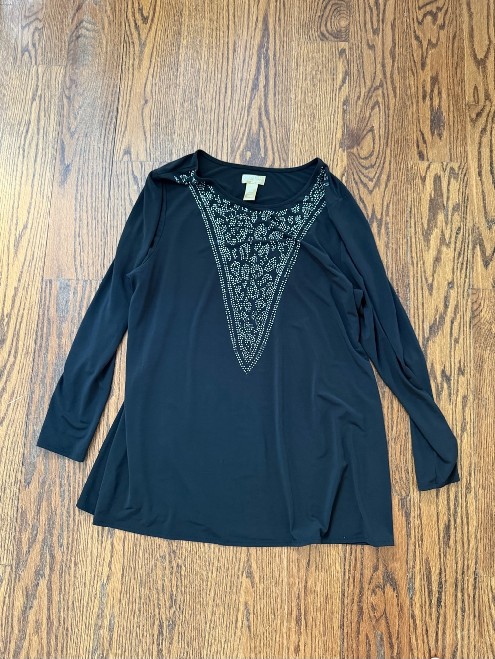 Miss Tina Black Long-Sleeve Shirt with Jeweled V-Panel